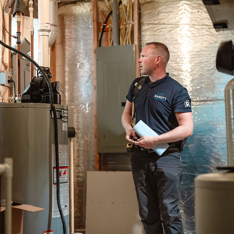 A technician in a basement inspecting HVAC equipment, holding papers.