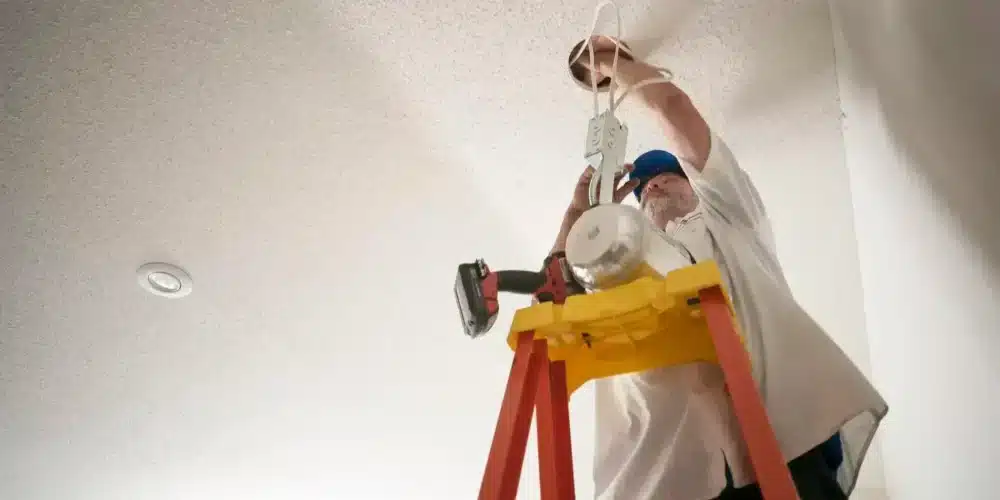 Electrician on ladder installing ceiling lighting fixture.