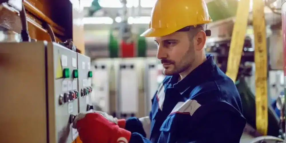 Worker in a hard hat operating industrial machinery control panel.