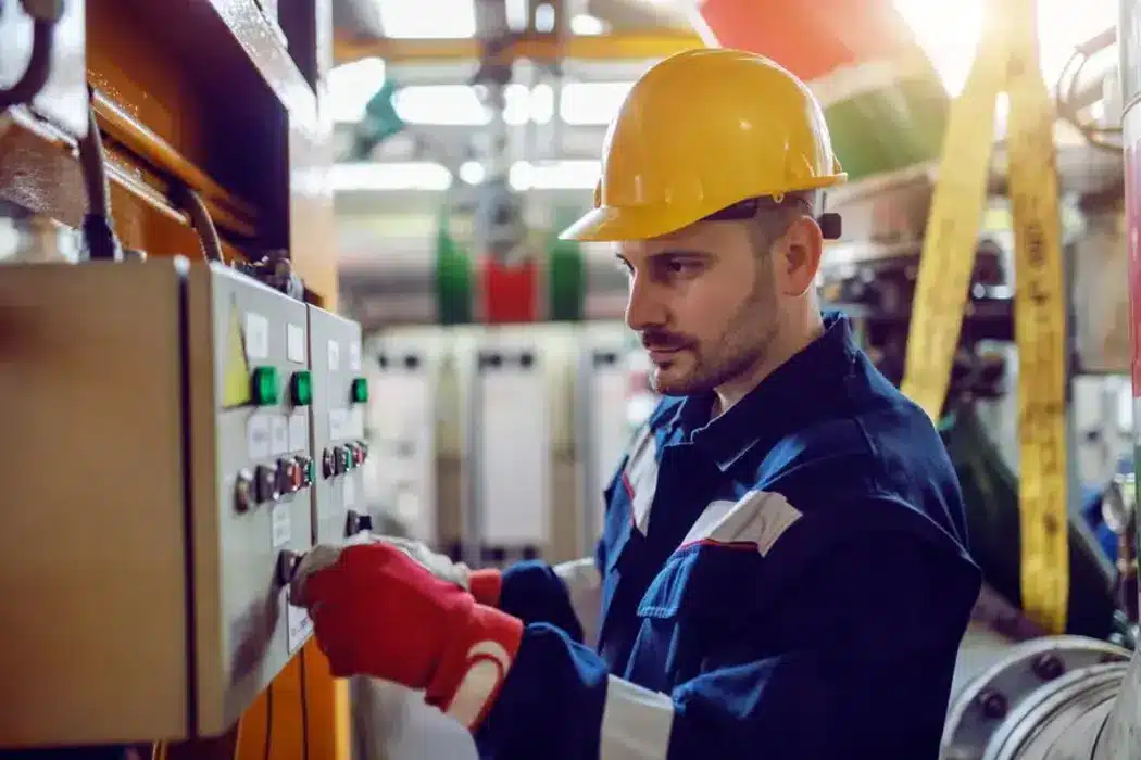 Worker in a hard hat operating industrial machinery control panel.