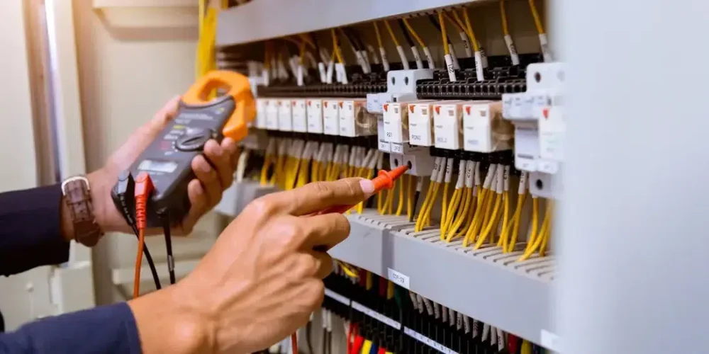 Electrician testing electrical panel with a multimeter for safety and functionality.