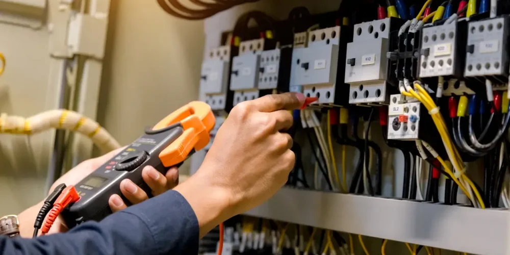 Electrician uses multimeter to troubleshoot electrical panel wiring.