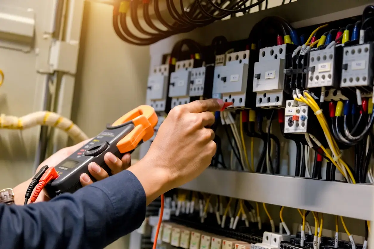 Electrician uses multimeter to troubleshoot electrical panel wiring.