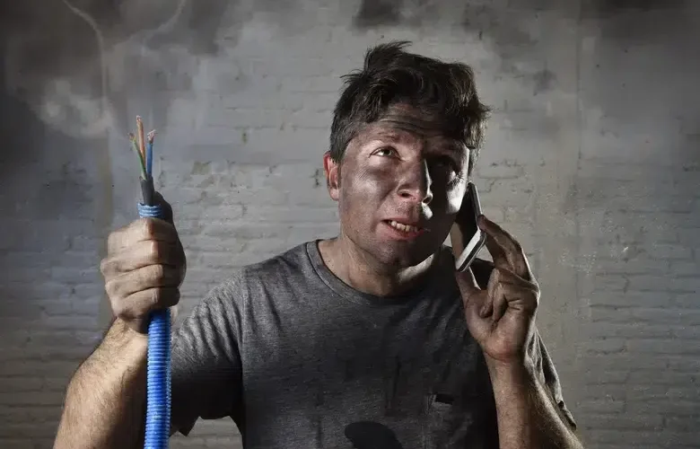 A person with a dirty face holding frayed wires and talking on a phone, looking concerned.
