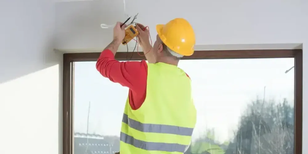 Electrician with yellow hard hat and vest fixing ceiling wires near window.