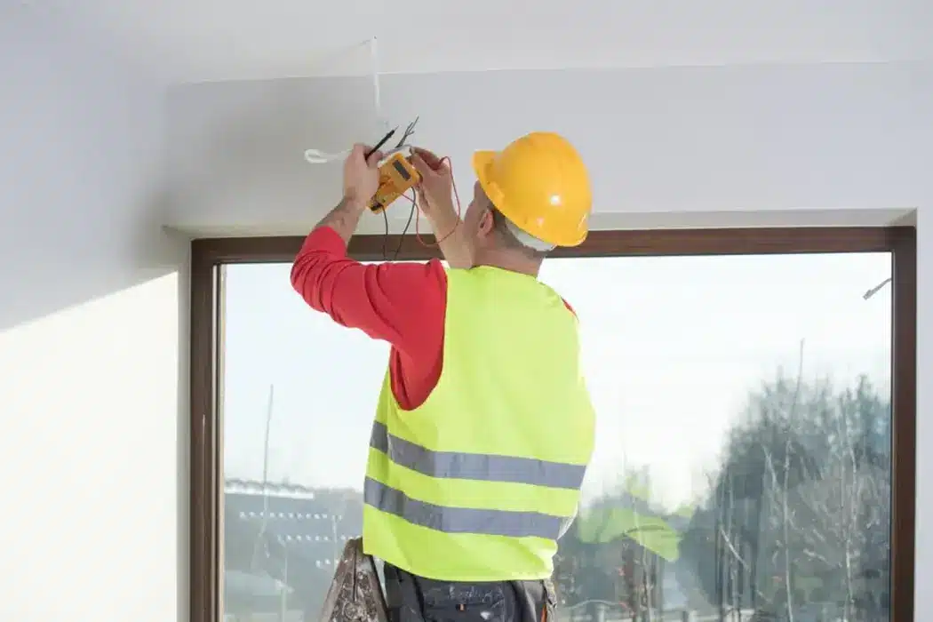 Electrician with yellow hard hat and vest fixing ceiling wires near window.