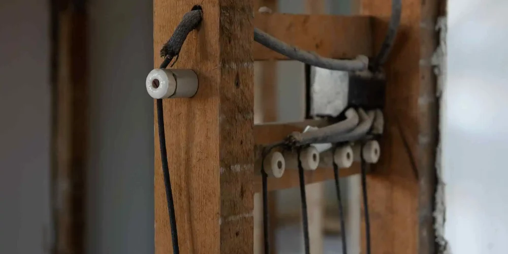Vintage knob and tube wiring system in an exposed wooden frame, highlighting old electrical technology.