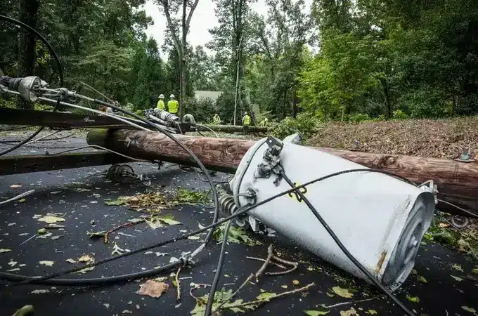 Fallen power lines and poles after storm, workers in the background assessing damage amidst trees.