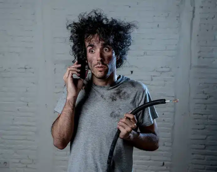 A surprised man with messy hair holds a broken cable and phone, wearing a dirty shirt in front of a white brick wall.