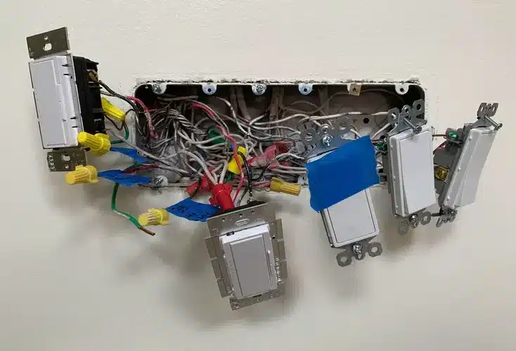 Electrical panel with multiple exposed wiring and light switches on a wall.