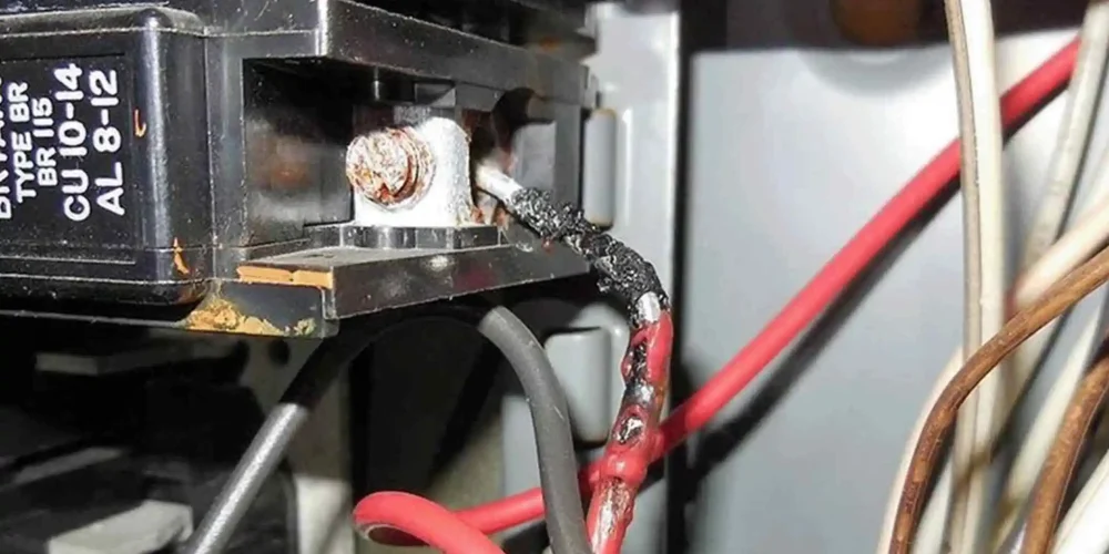 Burnt electrical wire in circuit breaker showing signs of overheating hazard.