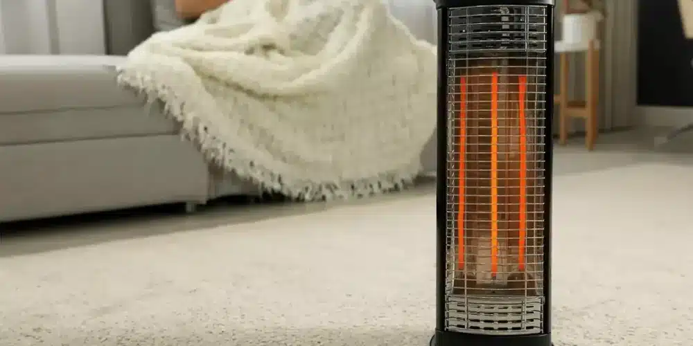 Person on couch with blanket and cat, near electric heater on carpeted floor.