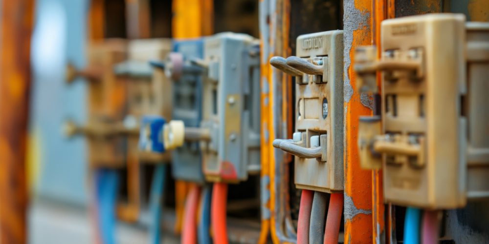 Close-up of colorful electrical switches and wires on a rusted industrial panel.
