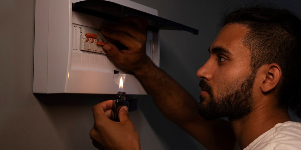 A person examines a circuit breaker panel using a lighter for illumination, focusing on electrical work.