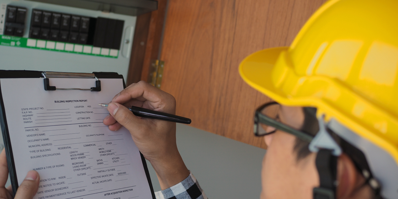 Inspector in hard hat reviewing building inspection report on clipboard near circuit panel.