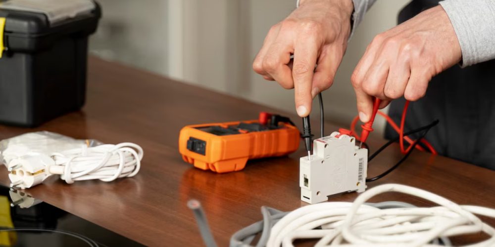 Person testing electrical circuit breaker with a multimeter on a wooden table.